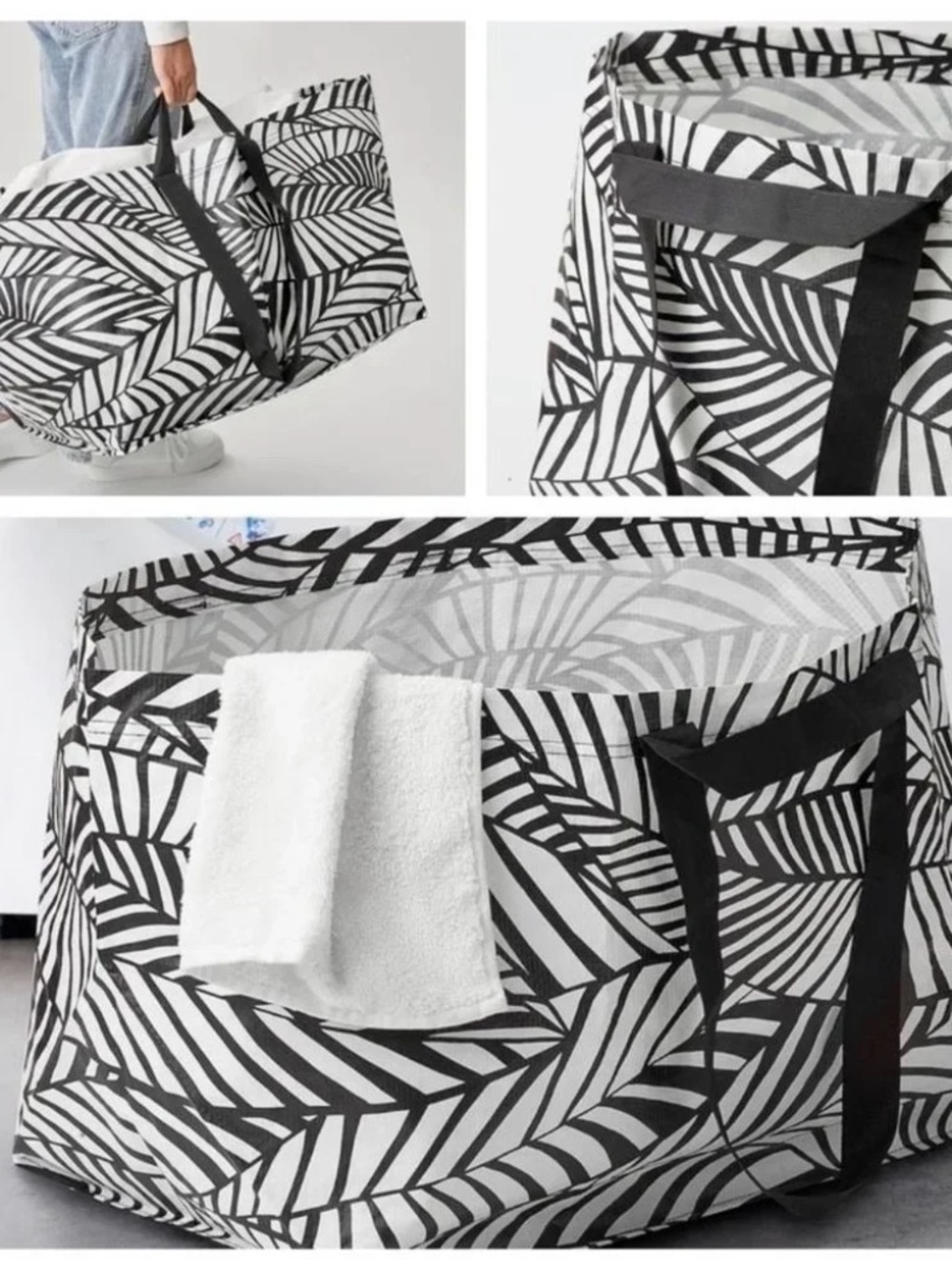 IKEA SLUKIS Frakta Shopping Bag - Reusable Black and White Leaf Pattern